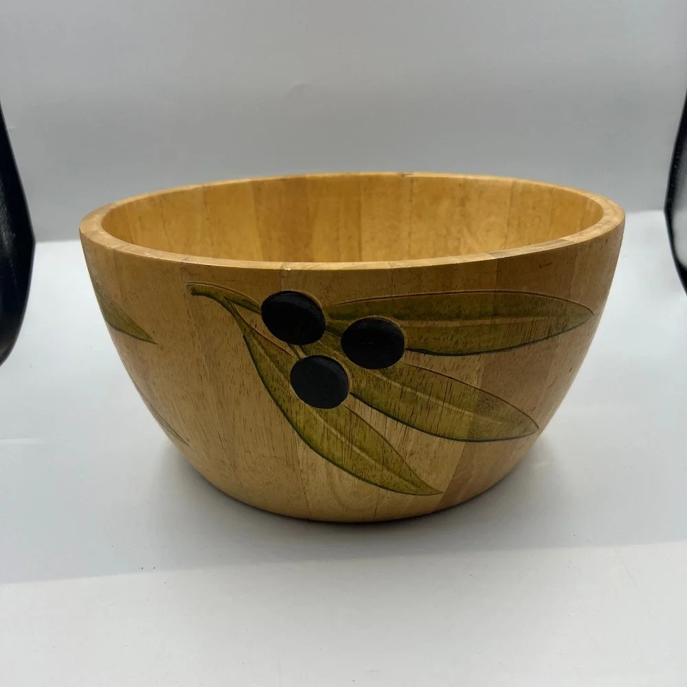 Vintage 2002 Clay Art Handmade Thai Wood Bowl Painted Olive Branch 10 Inch